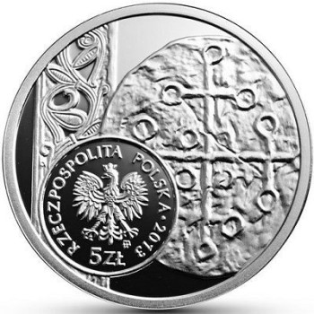 Denar Bolesława Chrobrego "ze strzałą" odwzorowany na srebrnej monecie w serii: "Historia Monety Polskiej" - awers